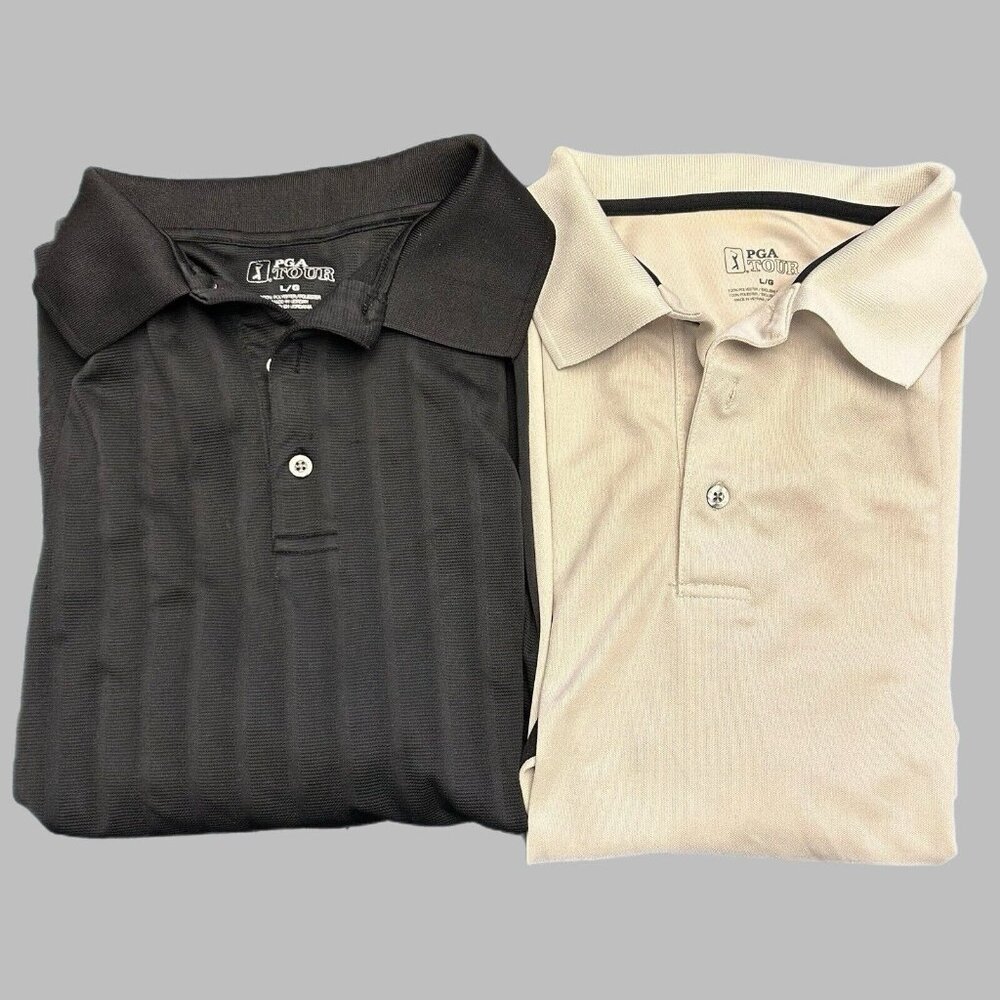 PGA Tour Golf Shirts Men LARGE Lot of 2 Black Tan Short Sleeve Polo Collared